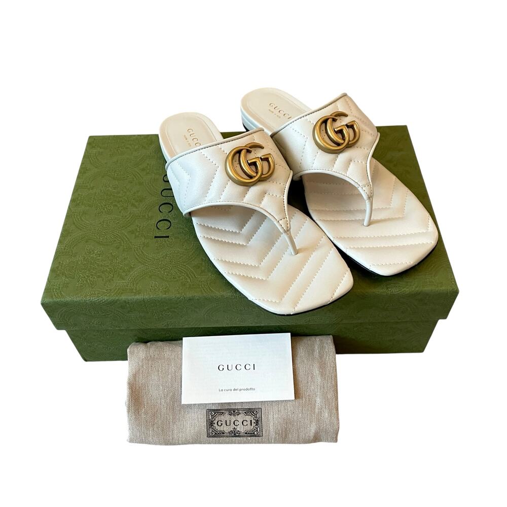 Gucci GG Marmont Matelasse Leather Flip Flop Sandals Cream White Sz 37.5 US 7.5 - Picture 2 of 16